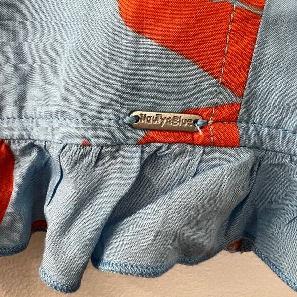 Nauty Blue Blue Orange Floral Tie Shoulder Ruffled Smocked Crop Top Girls XXS - Picture 3 of 4